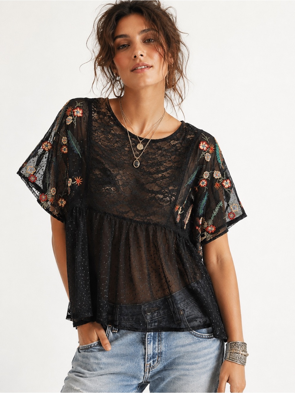 Zara Sheer Black Lace Peplum Top with Floral Embroidery M/L